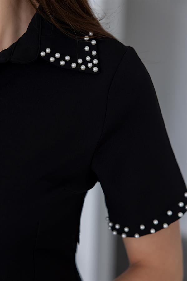 İnci Baskılı Mini Elbise - SİYAH