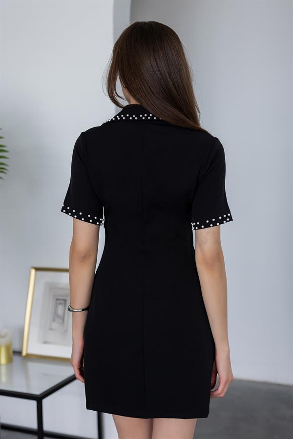 İnci Baskılı Mini Elbise - SİYAH