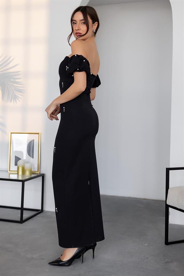 Pearl Embellished Pencil Dress - Black