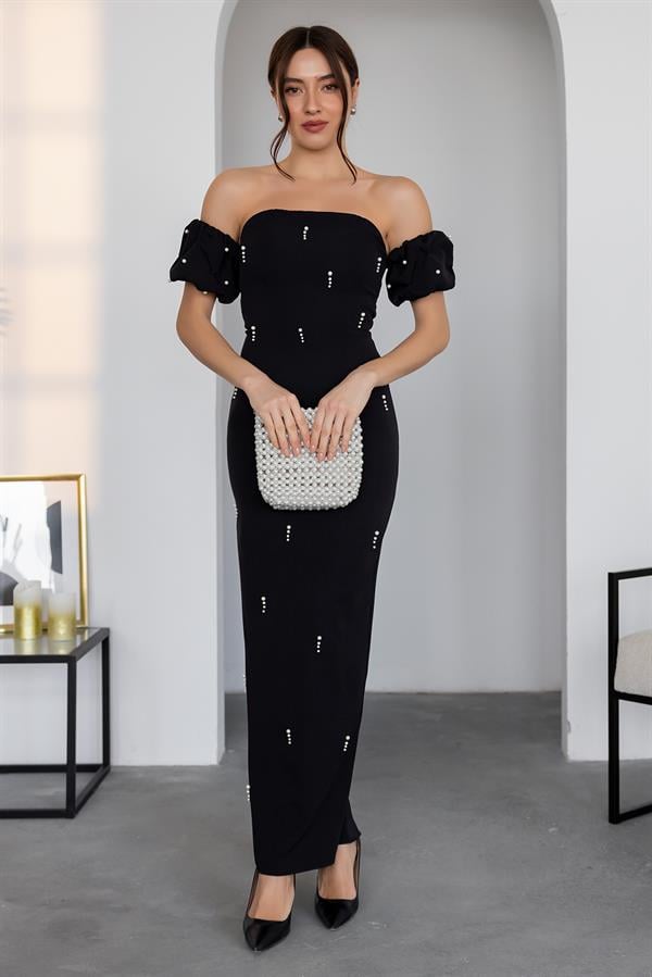 Pearl Embellished Pencil Dress - Black