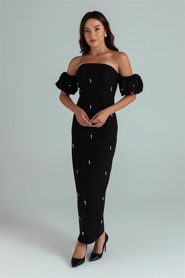 Pearl Embellished Pencil Dress - Black