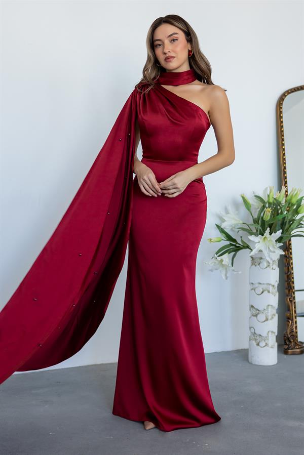 İnci İşlemeli Saten Abiye - BORDO