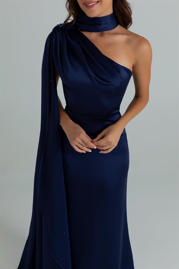 İnci İşlemeli Saten Abiye - LACİVERT