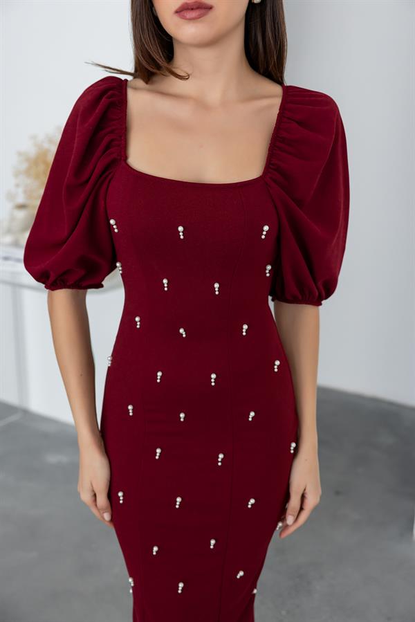 İncili Balon Kol Elbise - BORDO