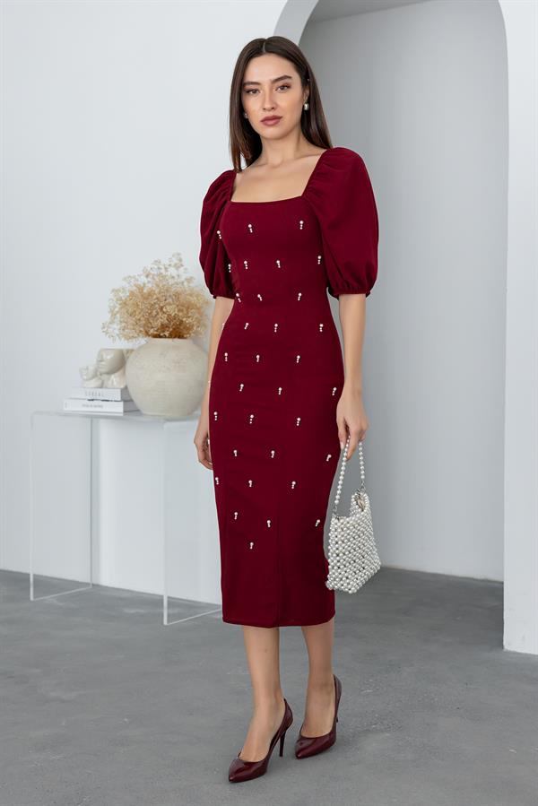 İncili Balon Kol Elbise - BORDO