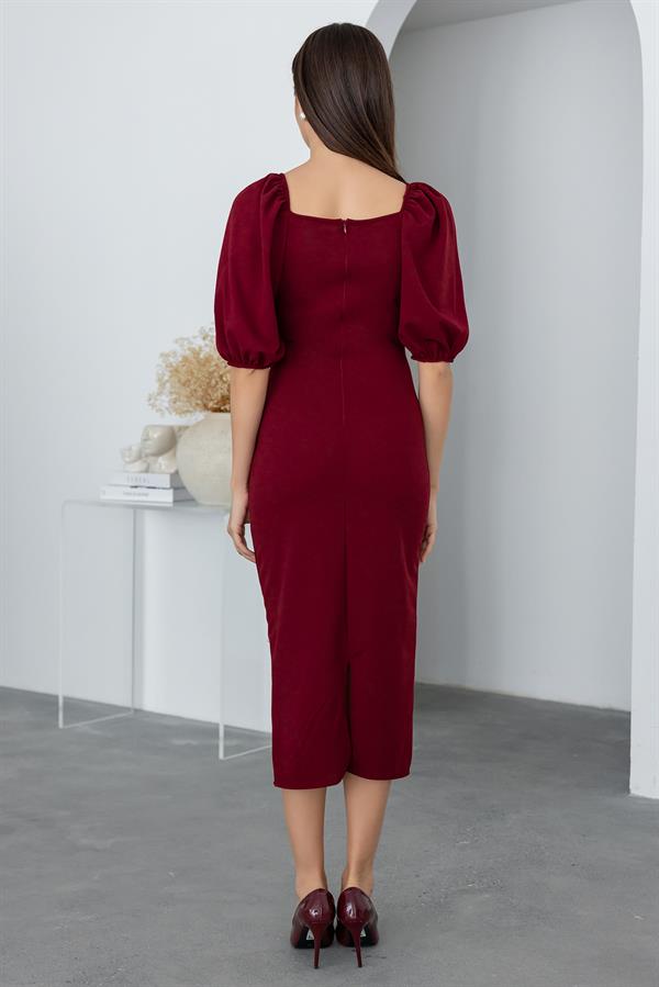 İncili Balon Kol Elbise - BORDO