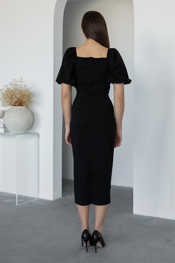 İncili Balon Kol Elbise - SİYAH