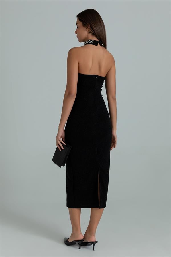 İncili Halter Yaka Elbise - SİYAH