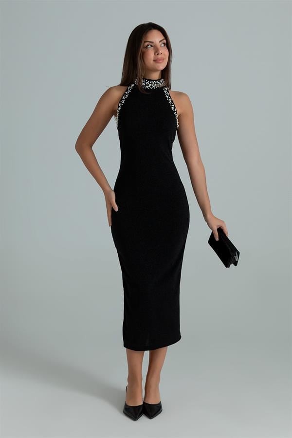 İncili Halter Yaka Elbise - SİYAH