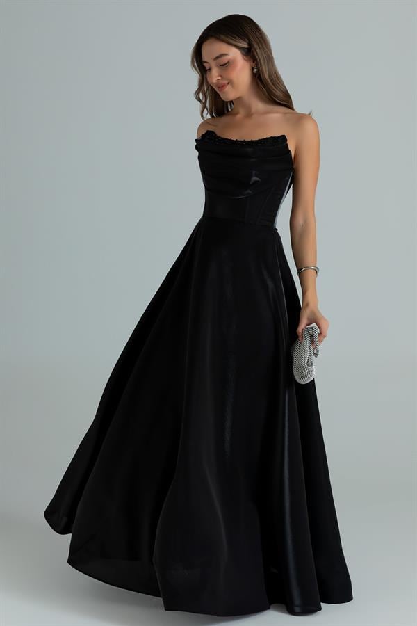 İncili Organze Abiye - SİYAH