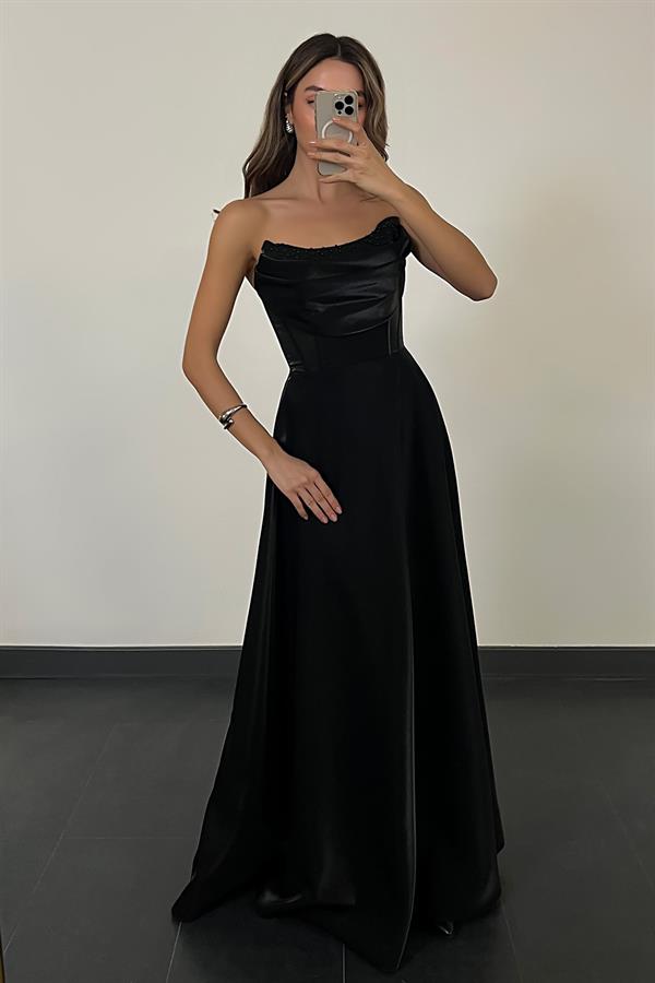 İncili Organze Abiye - SİYAH