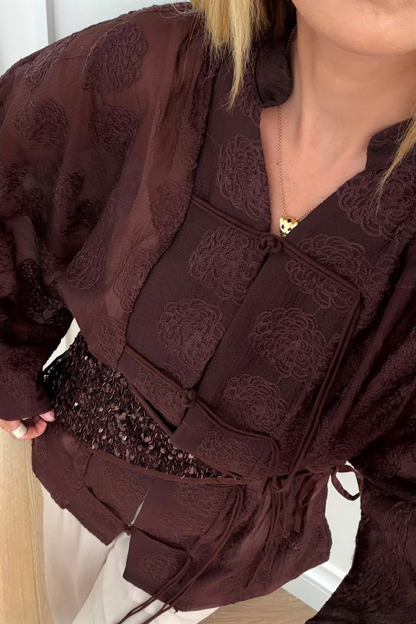 İp Bağcıklı Brodeli Kimono - KAHVERENGİ