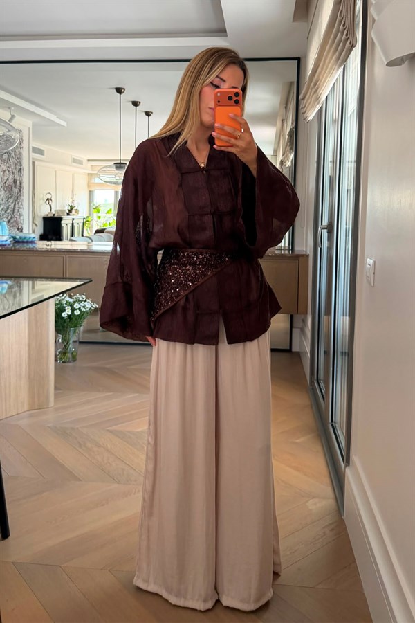 İp Bağcıklı Brodeli Kimono - KAHVERENGİ