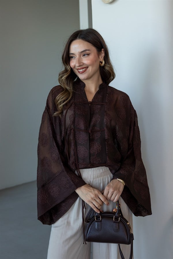 İp Bağcıklı Brodeli Kimono - KAHVERENGİ