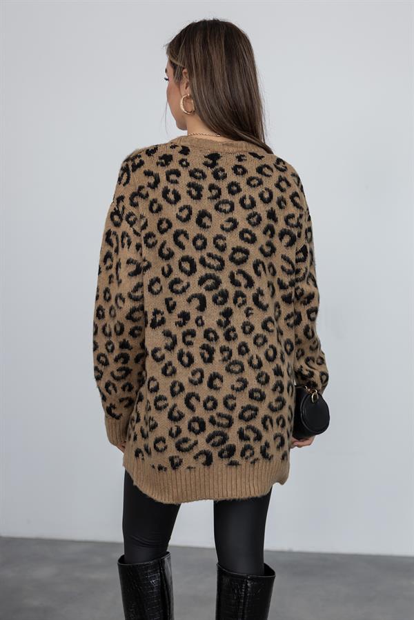 İpek Leopar Kazak - KAHVERENGİ