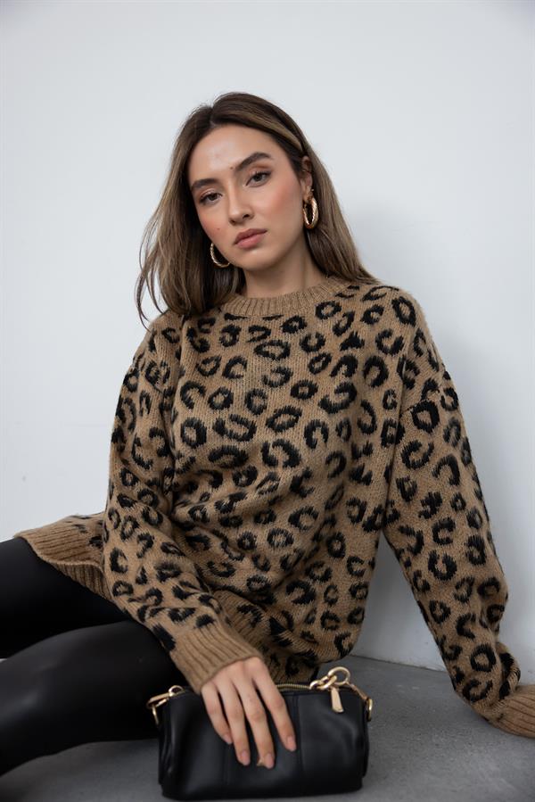 İpek Leopar Kazak - KAHVERENGİ