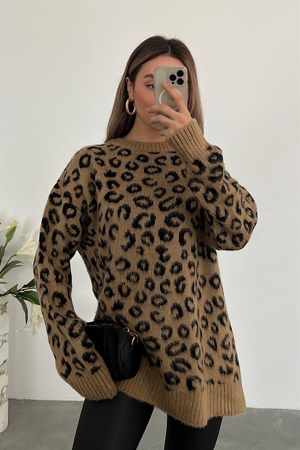 İpek Leopar Kazak - KAHVERENGİ