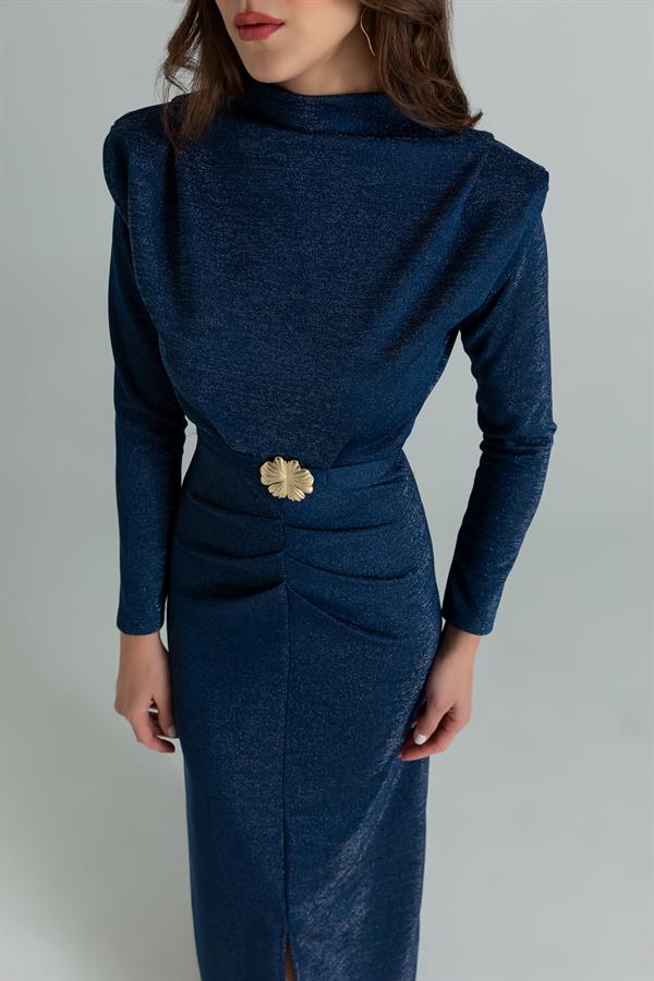 Işıltılı Kemerli Elbise - LACİVERT