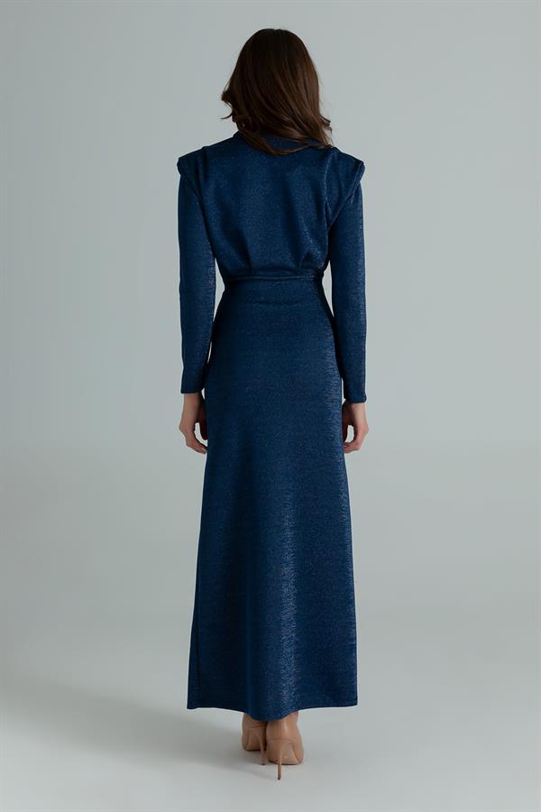 Işıltılı Kemerli Elbise - LACİVERT