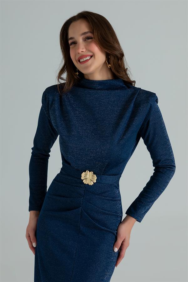 Işıltılı Kemerli Elbise - LACİVERT