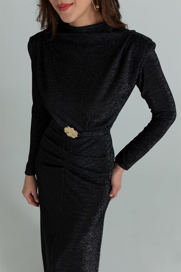Işıltılı Kemerli Elbise - SİYAH