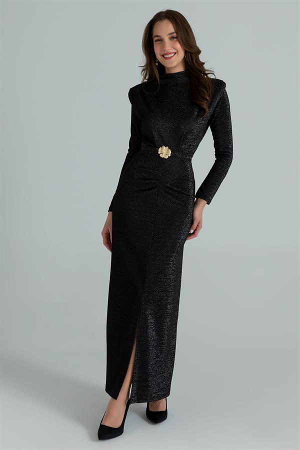 Işıltılı Kemerli Elbise - SİYAH