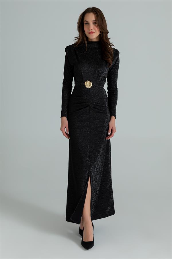 Işıltılı Kemerli Elbise - SİYAH