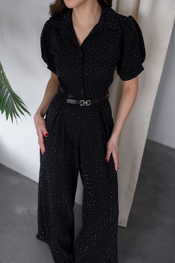 Işıltılı Kemerli Tulum - SİYAH