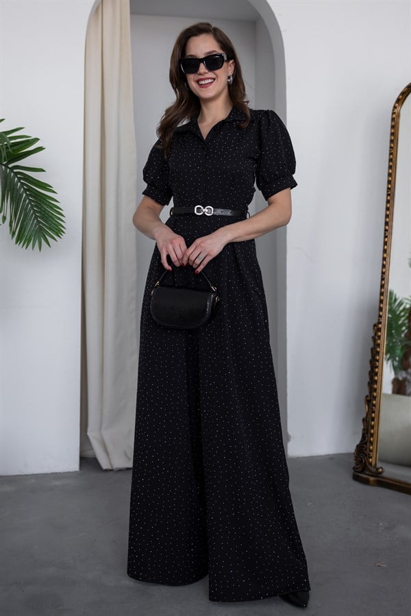 Işıltılı Kemerli Tulum - SİYAH