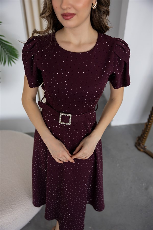 Işıltılı Midi Boy Kloş Elbise - BORDO