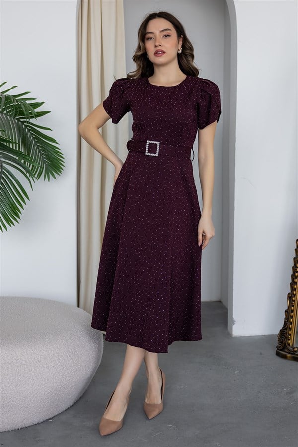 Işıltılı Midi Boy Kloş Elbise - BORDO