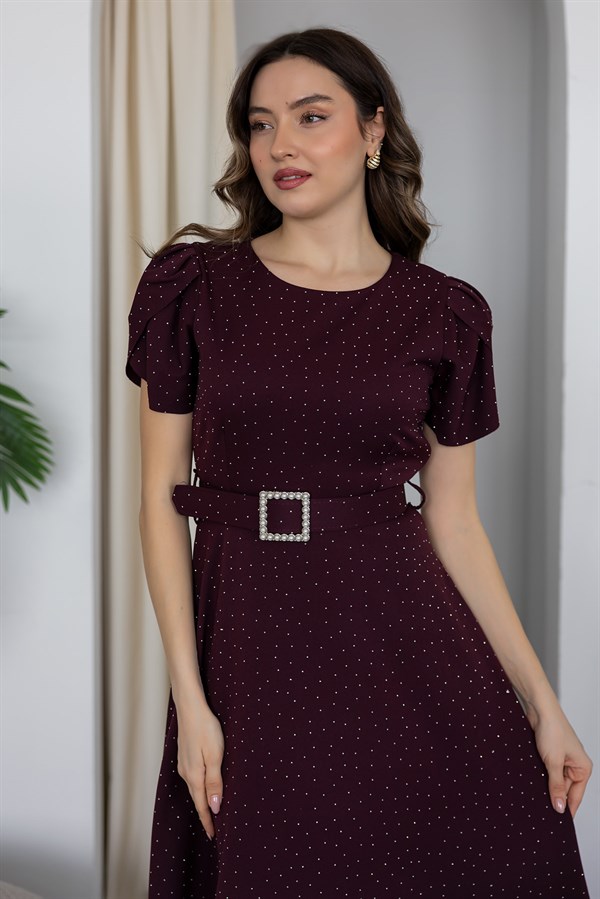 Işıltılı Midi Boy Kloş Elbise - BORDO