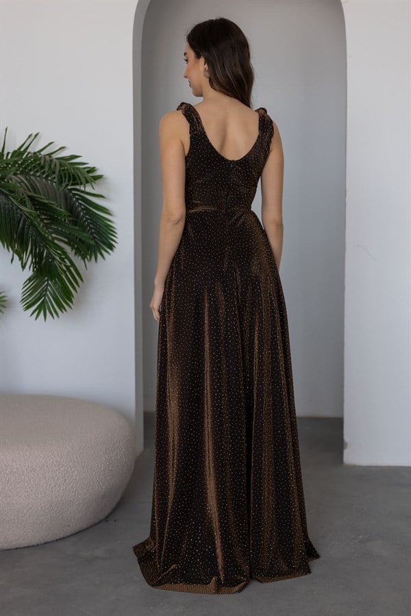 Işıltılı Uzun Abiye - KAHVERENGİ