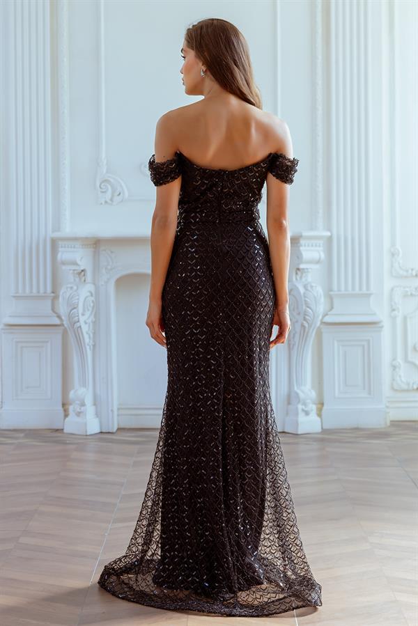 İşlemeli Balık Abiye - SİYAH