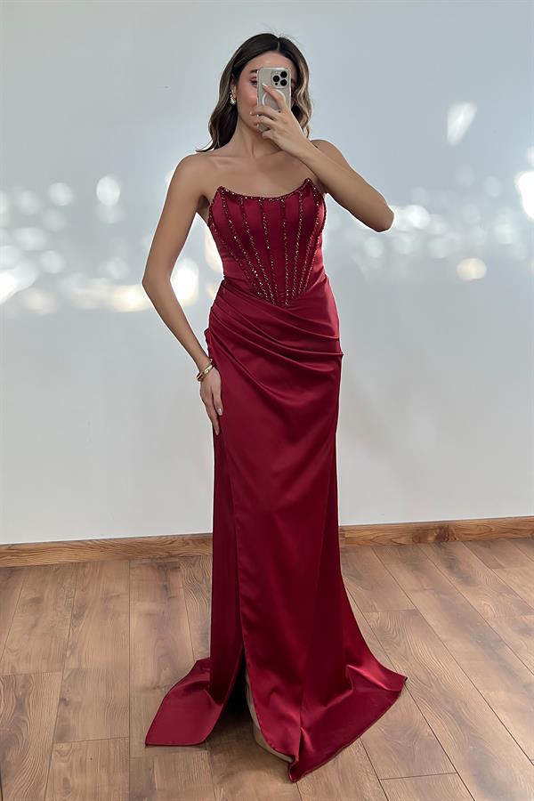 İşlemeli Saten Anvelop Abiye - BORDO