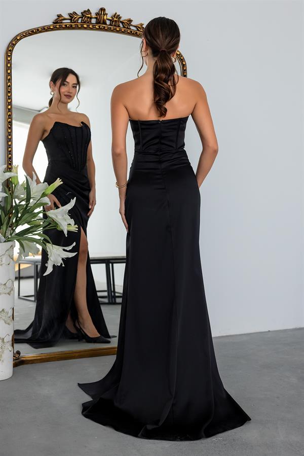 İşlemeli Saten Anvelop Abiye - SİYAH