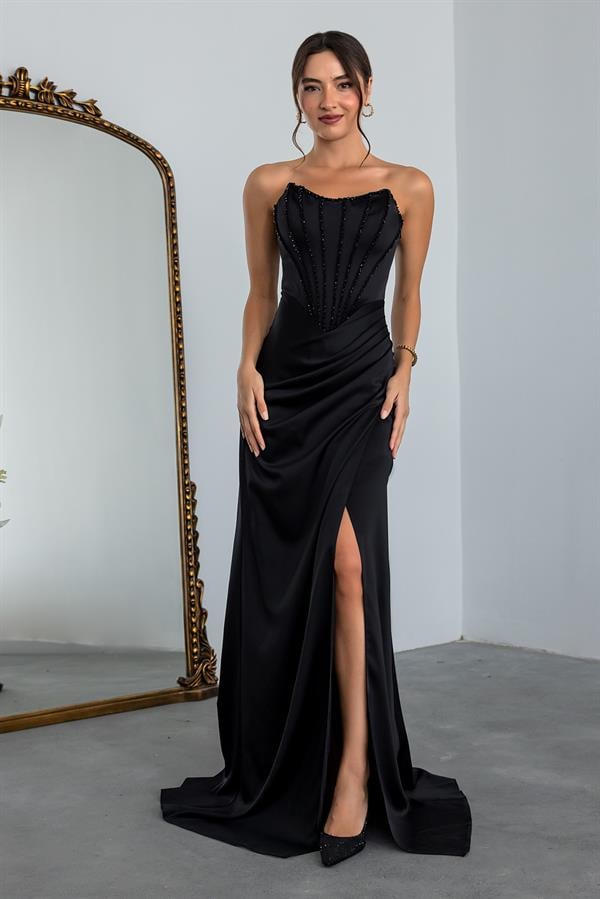 İşlemeli Saten Anvelop Abiye - SİYAH