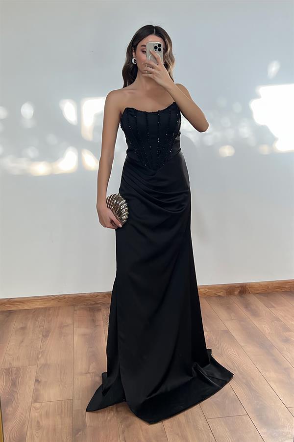 İşlemeli Saten Anvelop Abiye - SİYAH