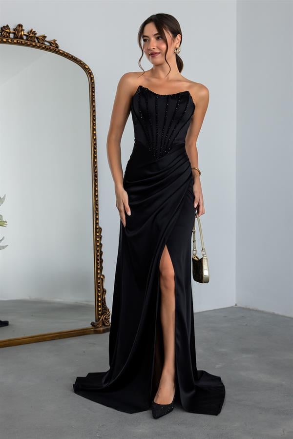 İşlemeli Saten Anvelop Abiye - SİYAH