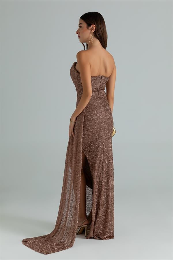 İşlemeli Yırtmaç Detay Abiye - BAKIR