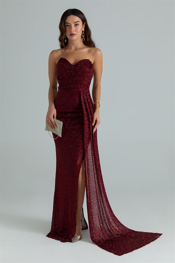 İşlemeli Yırtmaç Detay Abiye - BORDO