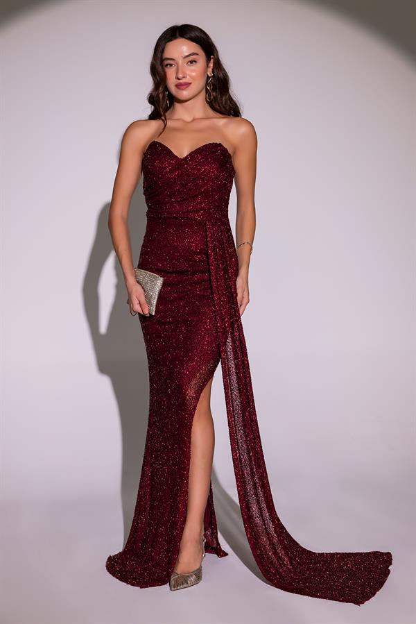 İşlemeli Yırtmaç Detay Abiye - BORDO