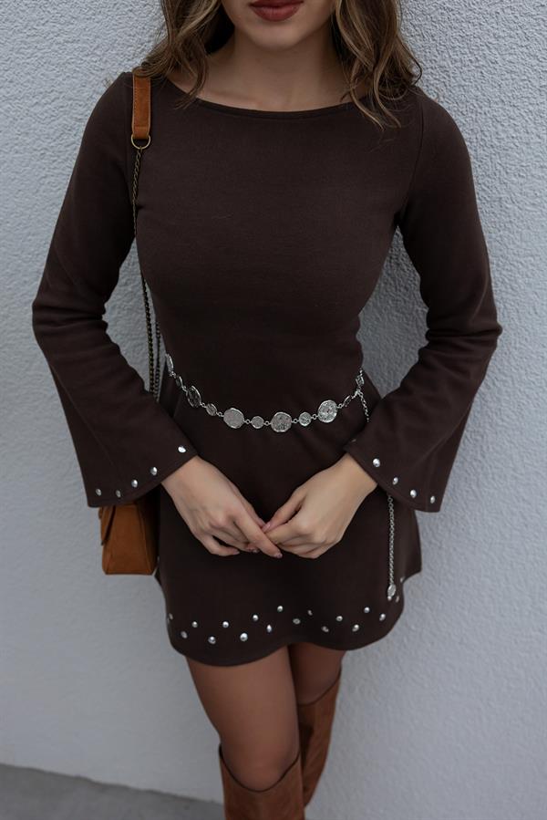 İspanyol Kola Elbise - KAHVERENGİ