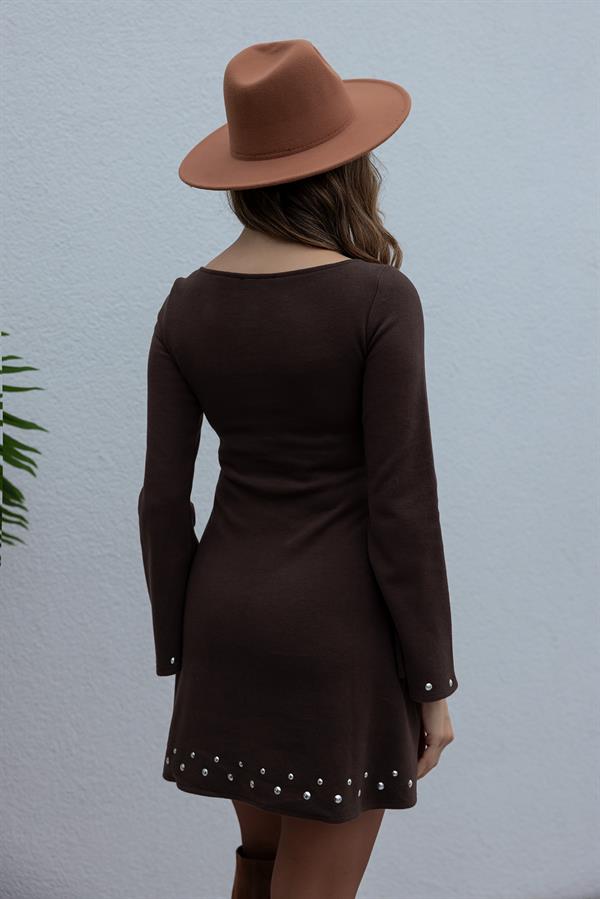 İspanyol Kola Elbise - KAHVERENGİ