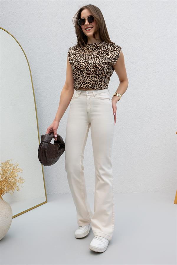 İspanyol Paça Jean Pantolon - KREM