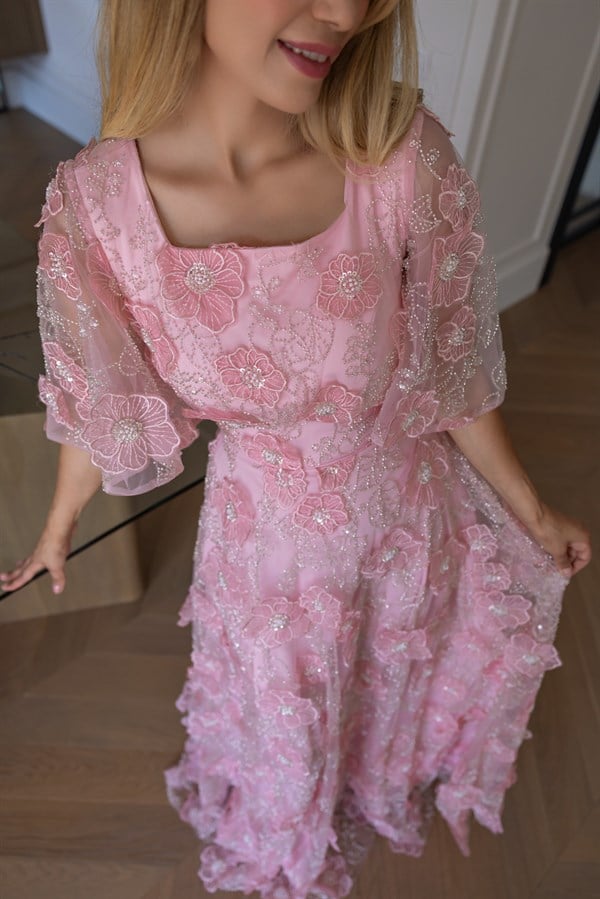 Kabartma Çiçek İşlemeli Abiye - PEMBE
