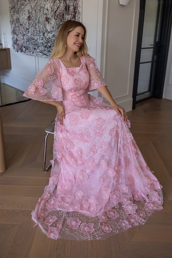 Kabartma Çiçek İşlemeli Abiye - PEMBE