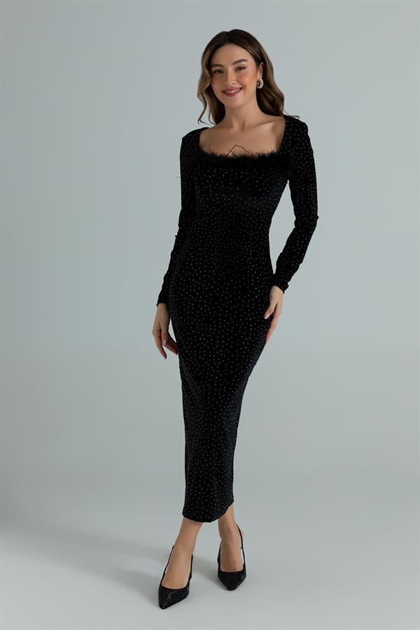 Kadife Işıltılı Elbise - SİYAH