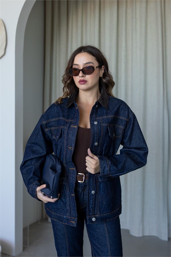 Kadife Yaka Bel Büzgü Denim Ceket - LACİVERT