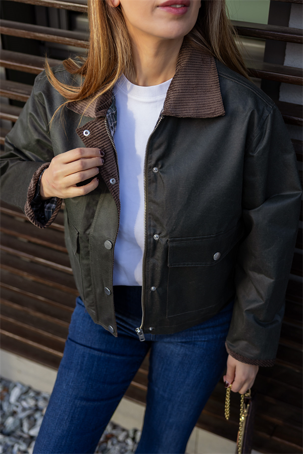 Kadife Yaka Dokulu Ceket - HAKİ